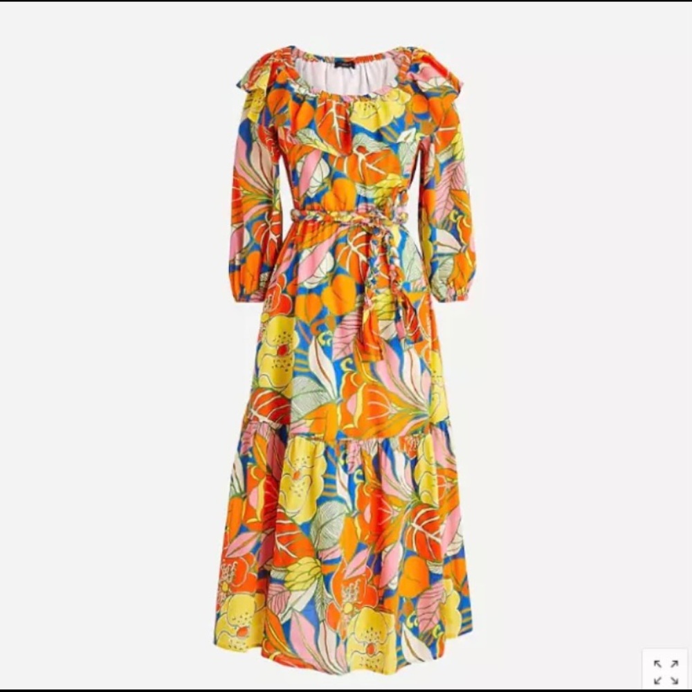 J Crew belted orange floral off shoulder dress